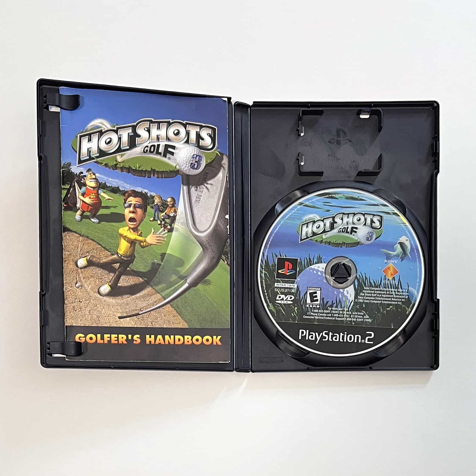Hot Shots Golf 3 PS2 case open with disc and manual