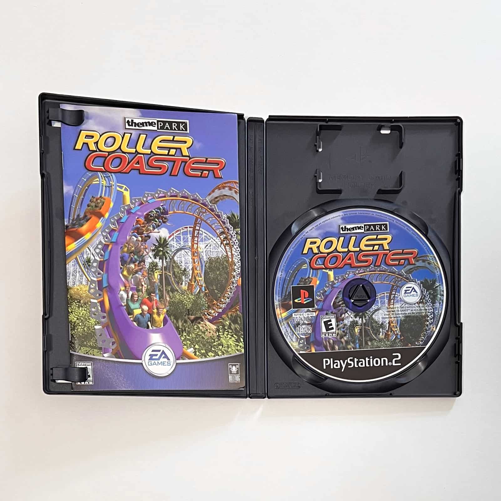 Theme Park Roller Coaster PS2 case open with disc and manual